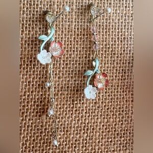 Floral Dangle Earrings with Gold and White Accents